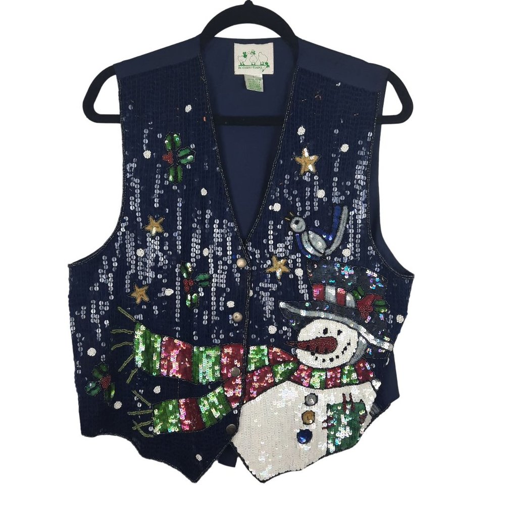 Quacker Factory Holiday Vest Blue Sequined Beaded Snowman Xmas